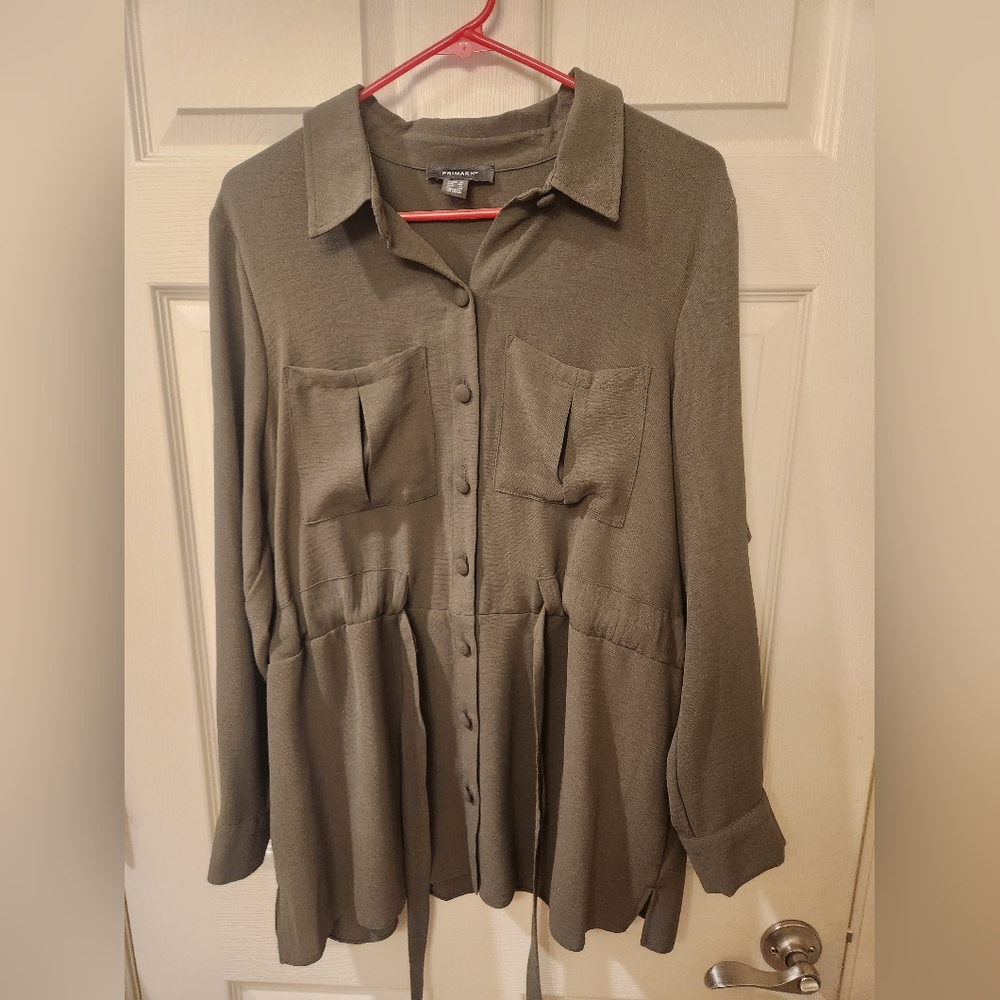 Primark Olive Green Button-Up Shirt with Front Tie